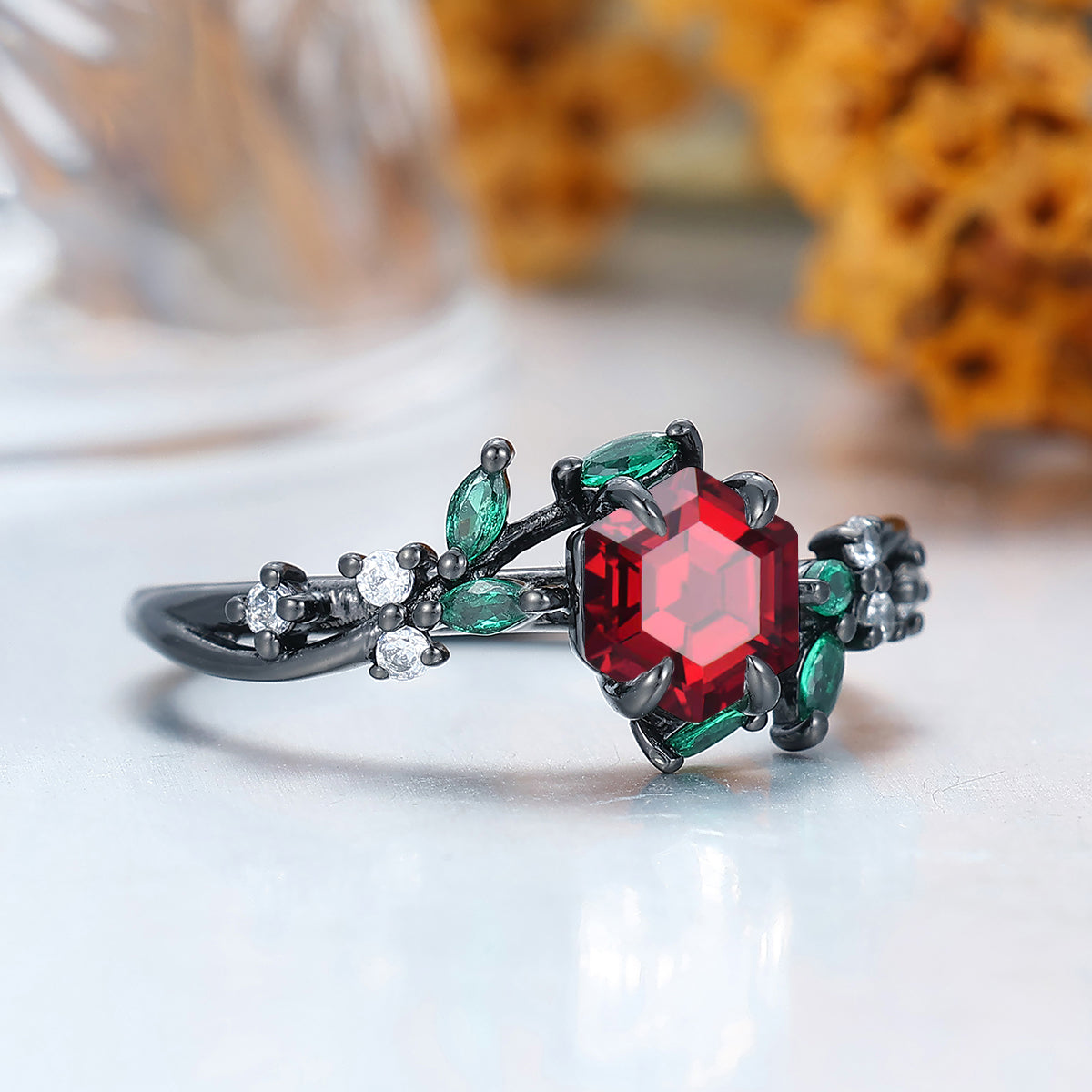 Nature-Inspired Hexagon Nature Red Garnet with Green Emerald Leaf Ring S925 Ring Available in1 0k/14k/18K Gold