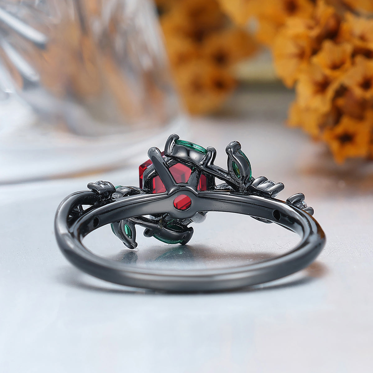 Nature-Inspired Hexagon Nature Red Garnet with Green Emerald Leaf Ring S925 Ring Available in1 0k/14k/18K Gold