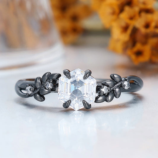 Hexagon Cut Moissanite Engagement Ring with Delicate Leaf Details Moissanite Ring
