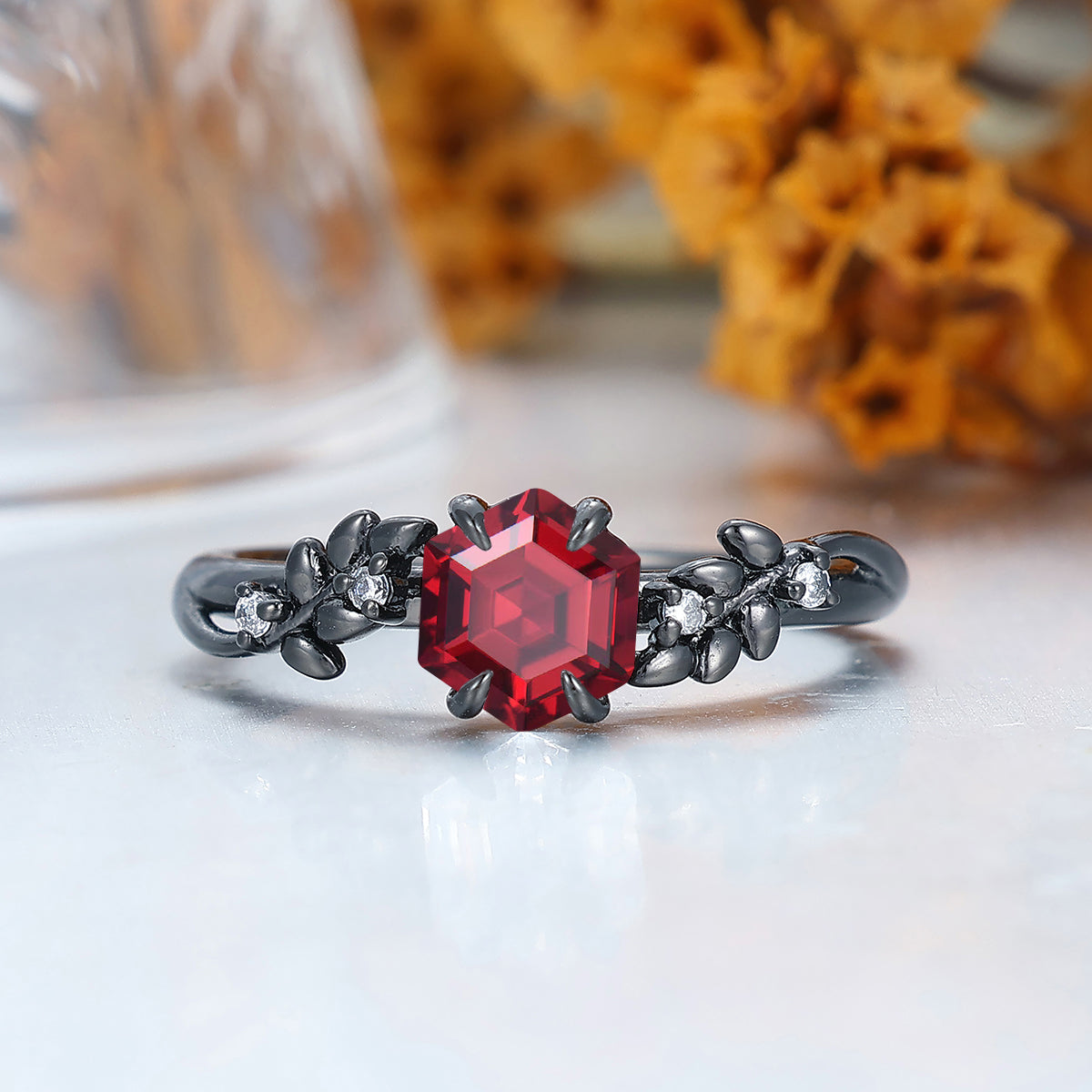 Elegant Hexagon 14k Red Garnet Leaf Ring with Dazzling White Side Stones - Available in 925 Silver