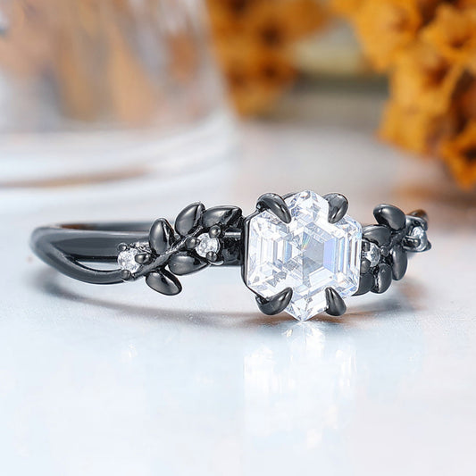 Hexagon Cut Moissanite Engagement Ring with Delicate Leaf Details Moissanite Ring