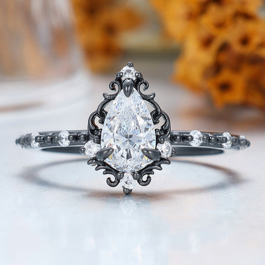 Unique 1.0 CT Pear Cut Moissanite Art Deco Leaf Gold & 925 Sliver Engagement Ring