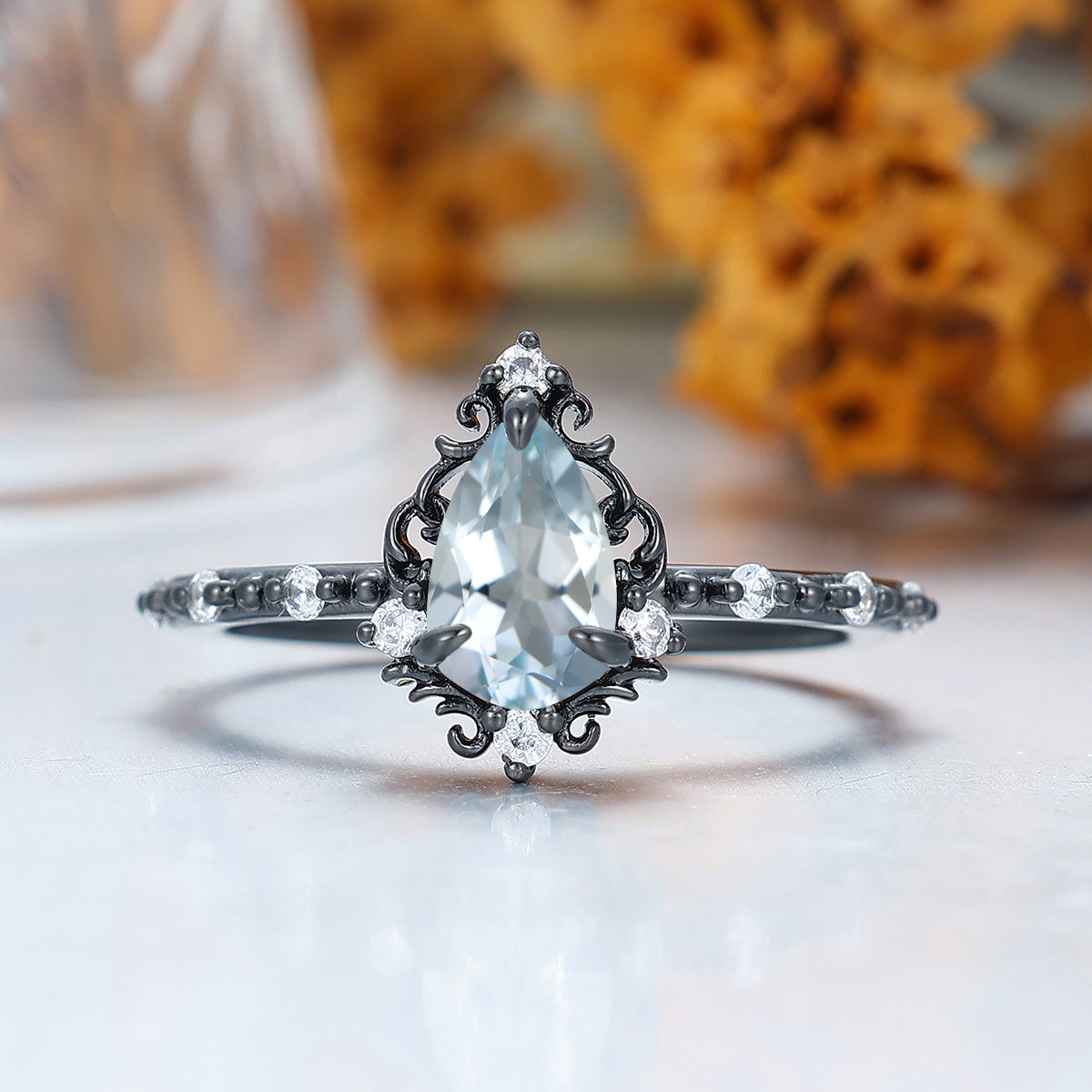 Milgrained Pear Cut Aquamarine Engagement Ring Scrollwork Antique Wedding Ring For Women