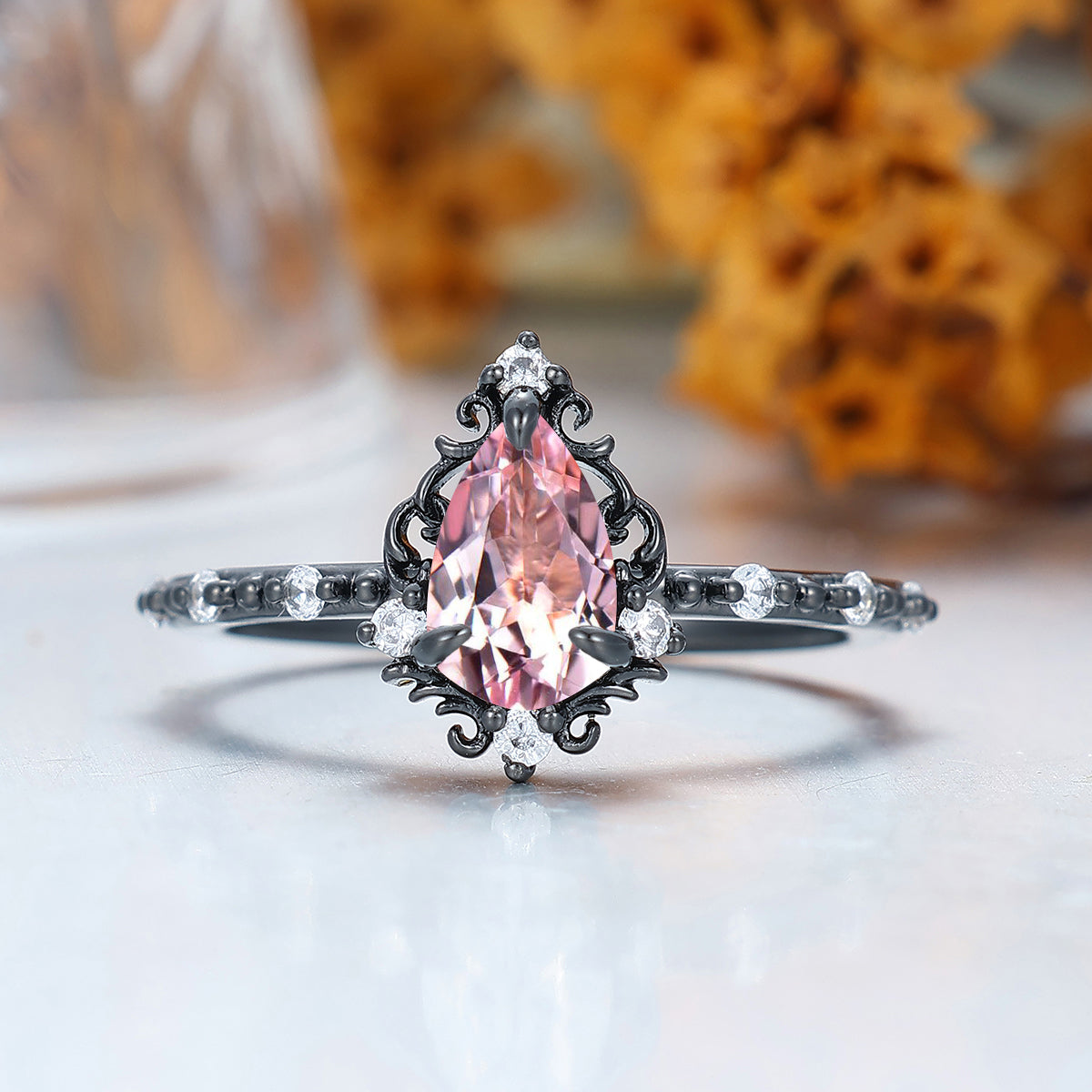 Antique Filigreed Style Pink Morganite Engagement Ring Scrollwork Wedding Ring For Women