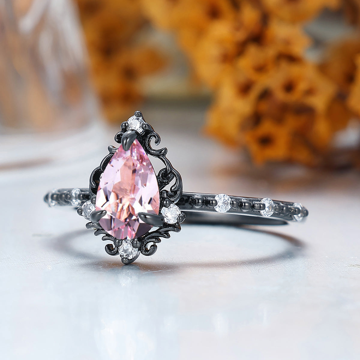 Antique Filigreed Style Pink Morganite Engagement Ring Scrollwork Wedding Ring For Women