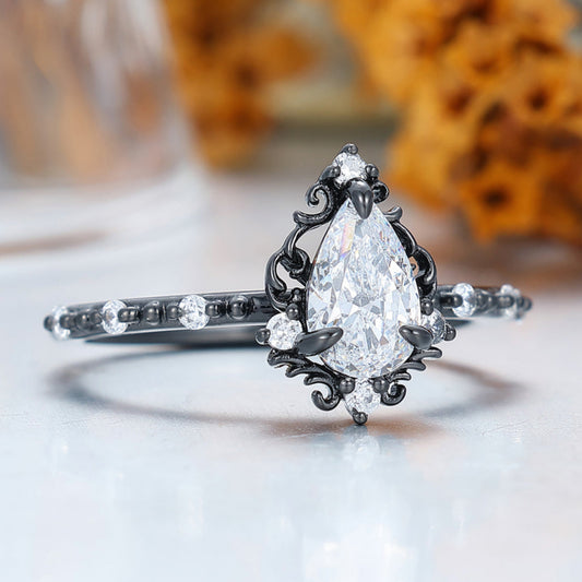 Unique 1.0 CT Pear Cut Moissanite Art Deco Leaf Gold & 925 Sliver Engagement Ring