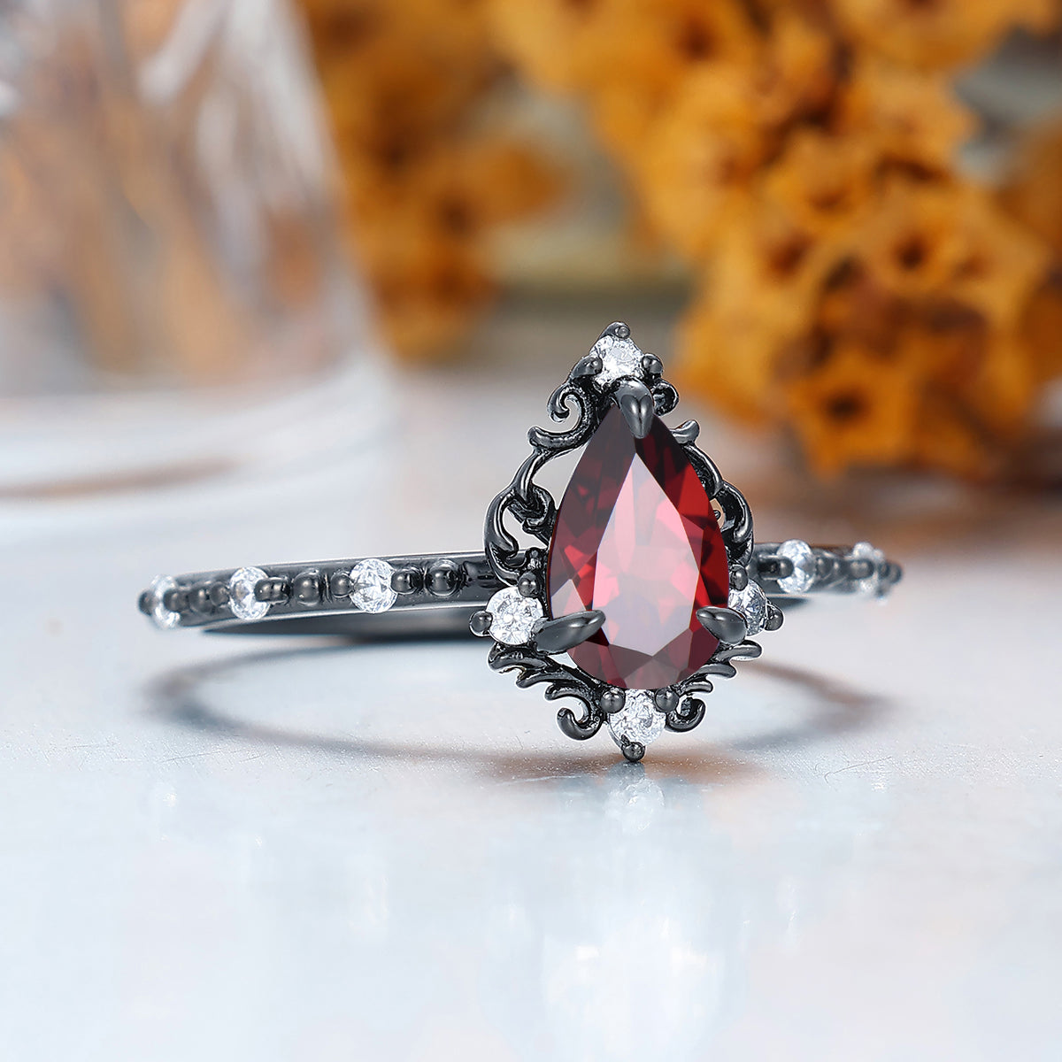 Unique 1.0 CT Pear Cut Red Garnet Art Deco Leaf Gold & 925 Sliver Engagement Ring