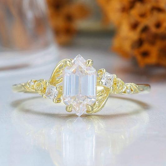 Rose Leaf Engraved Moissanite Engagement Ring Nature Inspired Women Ring Yellow Gold Promise Ring