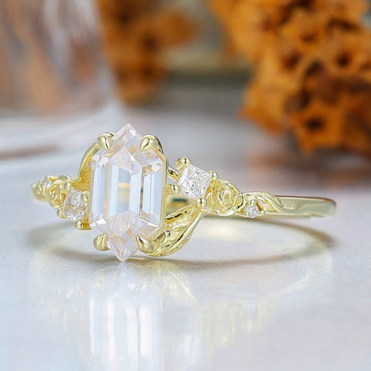Rose Leaf Engraved Moissanite Engagement Ring Nature Inspired Women Ring Yellow Gold Promise Ring