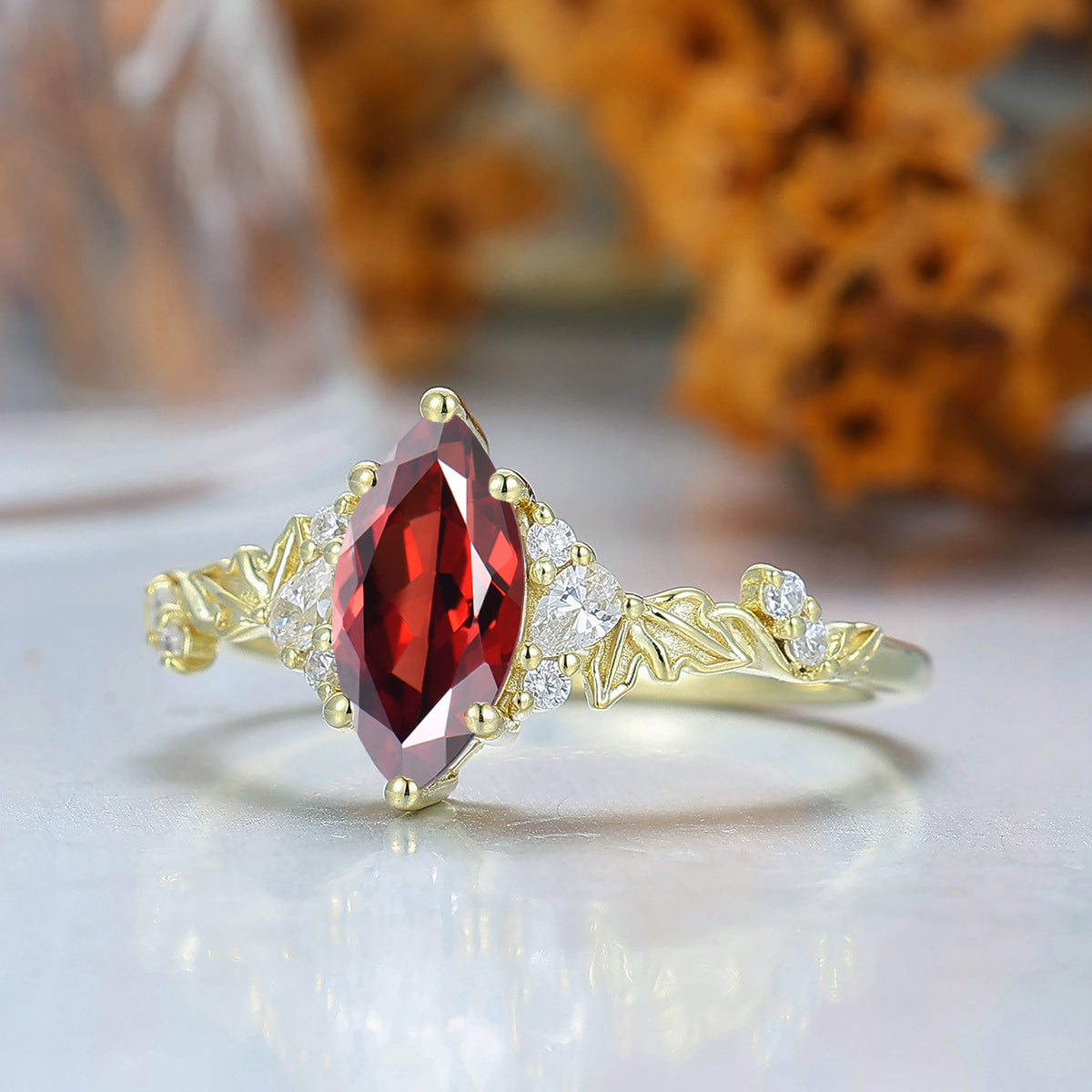 Unique 14k Yellow Gold Nature Red Garnet Engagement Ring Leaf Shpae Wedding Ring