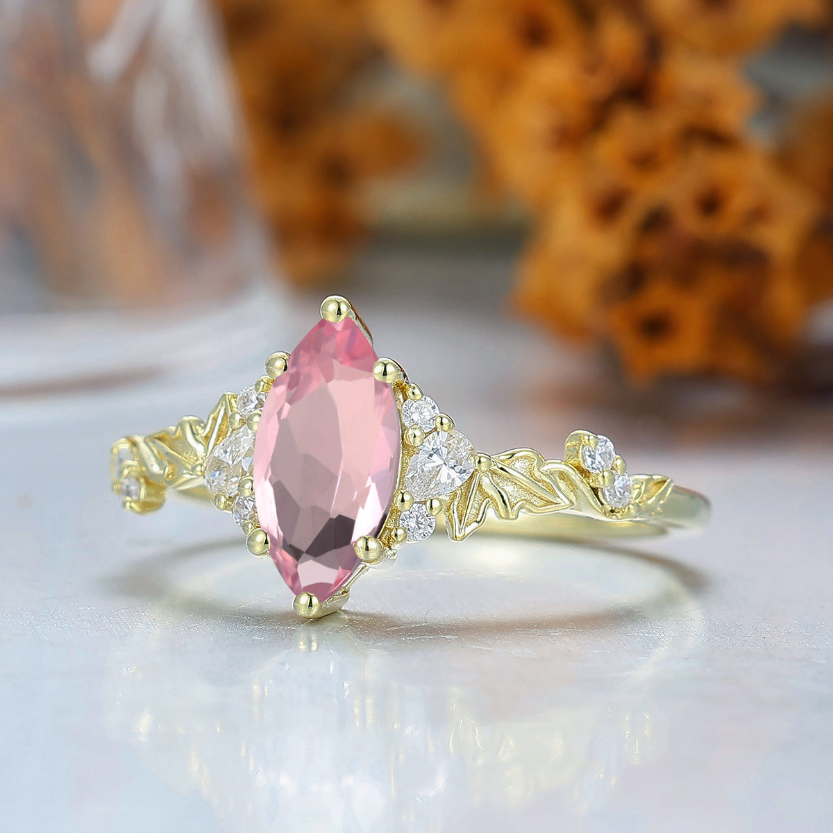 Romantic Pink Morganite Leaf Branch Ring for Her Pink Engagement Ring Birthday Women Ring