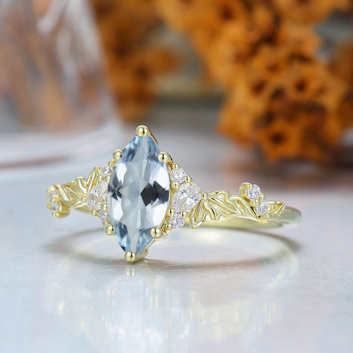 Marquise Cut Aquamarine Leaf Branch Women Fine Ring 14K Solid Gold Bridal Ring Asymmetric Ring