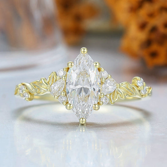 Unique Moissanite Cluster Bridal Ring Nature Inspired Blade Solid Gold Wedding Anniversary Ring