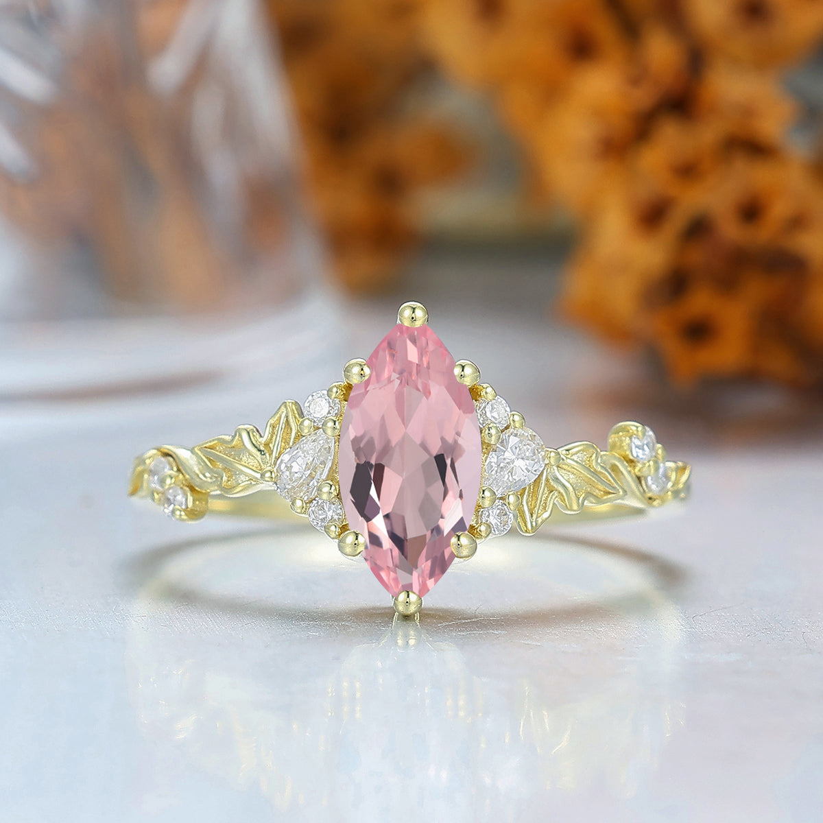 Romantic Pink Morganite Leaf Branch Ring for Her Pink Engagement Ring Birthday Women Ring