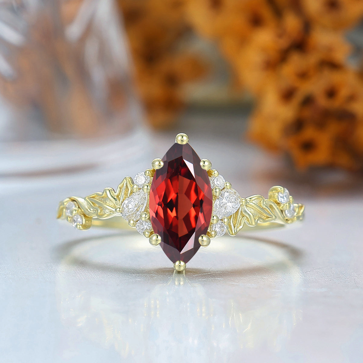 Unique 14k Yellow Gold Nature Red Garnet Engagement Ring Leaf Shpae Wedding Ring