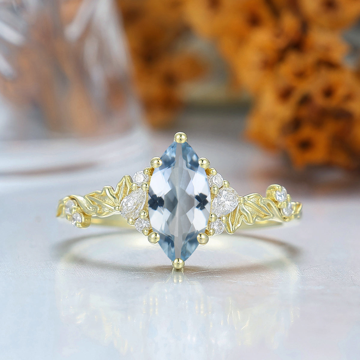Marquise Cut Aquamarine Leaf Branch Women Fine Ring 14K Solid Gold Bridal Ring Asymmetric Ring