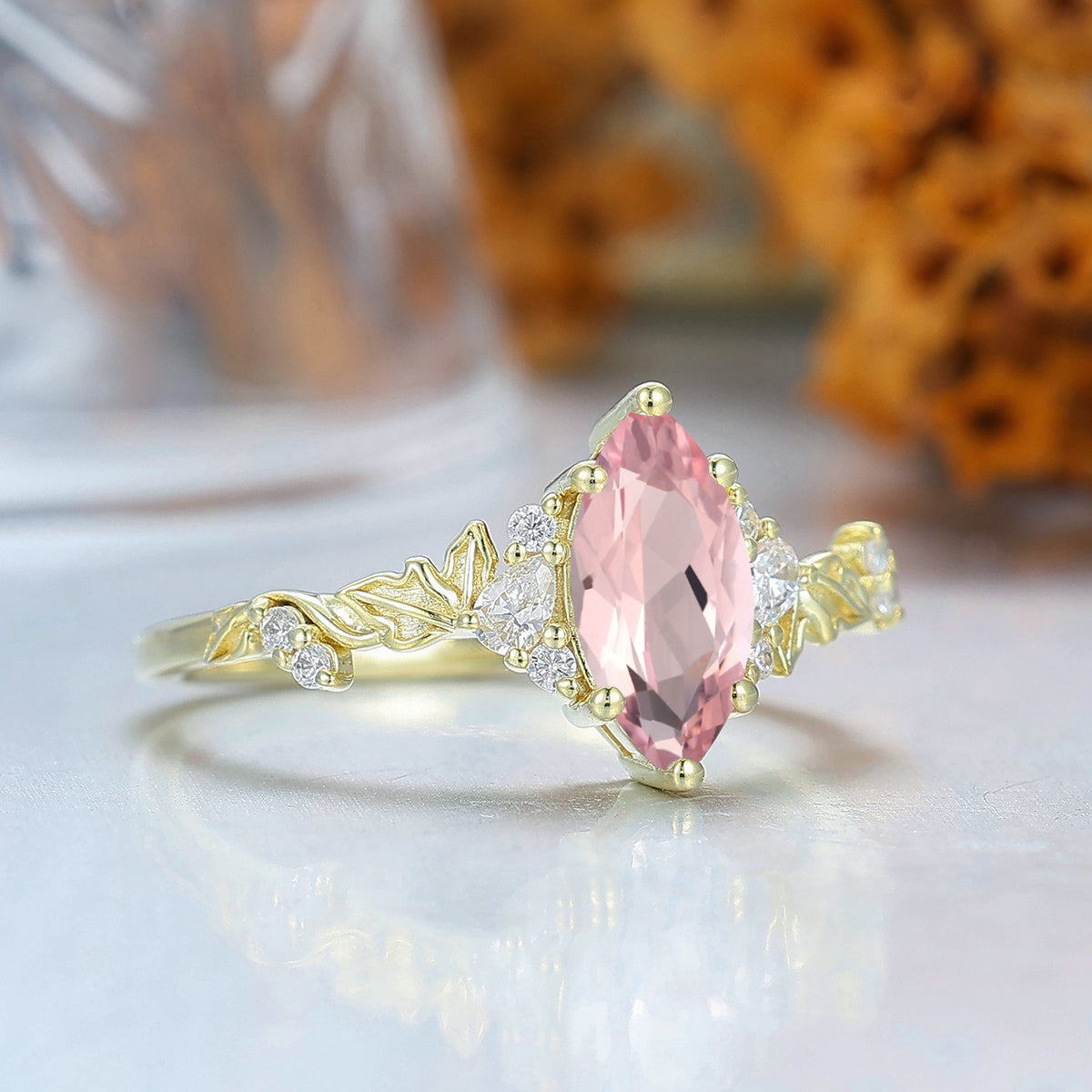 Romantic Pink Morganite Leaf Branch Ring for Her Pink Engagement Ring Birthday Women Ring