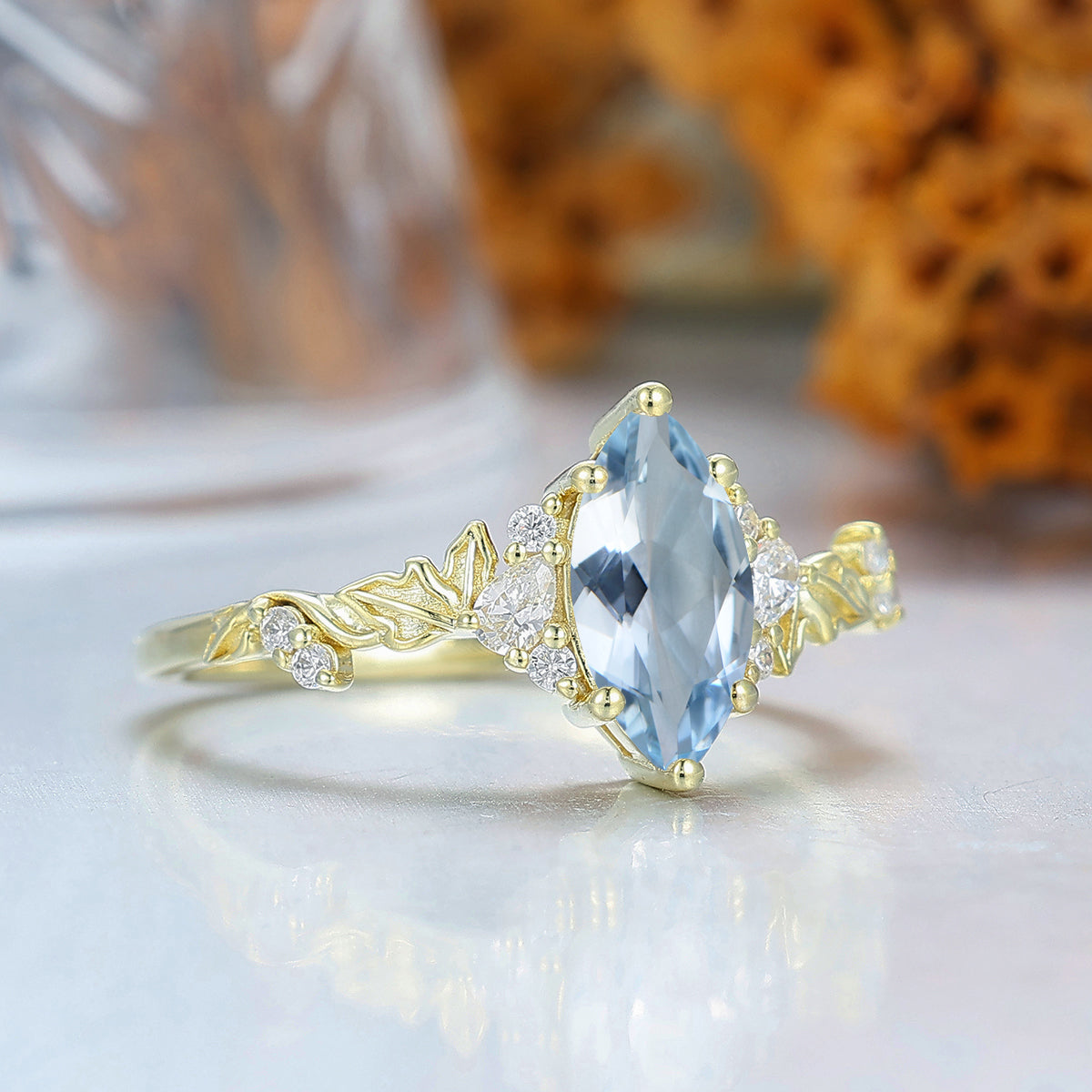 Marquise Cut Aquamarine Leaf Branch Women Fine Ring 14K Solid Gold Bridal Ring Asymmetric Ring