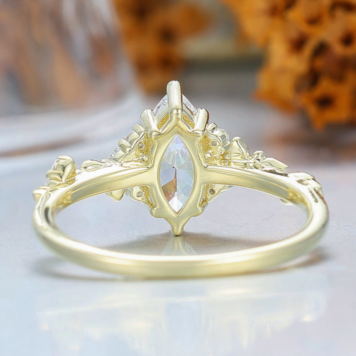 Unique Moissanite Cluster Bridal Ring Nature Inspired Blade Solid Gold Wedding Anniversary Ring