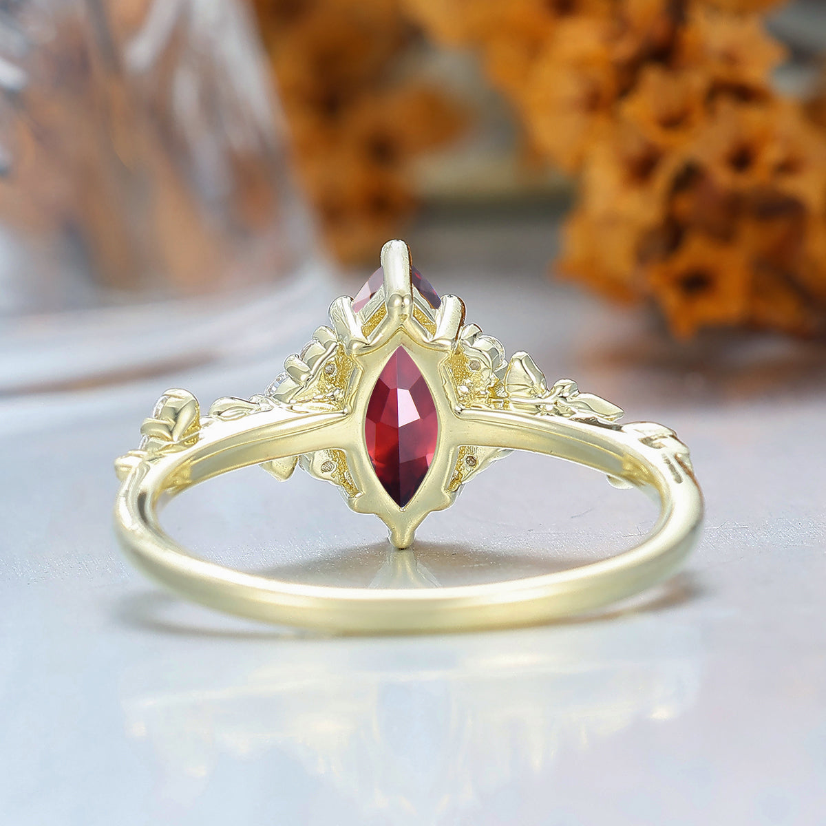 Unique 14k Yellow Gold Nature Red Garnet Engagement Ring Leaf Shpae Wedding Ring