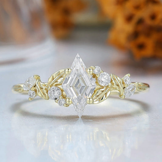 Rhombus Cut Moissanite Engagement Ring Leaf Shpae Wedding Ring Art Deco 14k Gold Women Ring