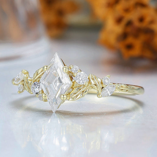 Rhombus Cut Moissanite Engagement Ring Leaf Shpae Wedding Ring Art Deco 14k Gold Women Ring