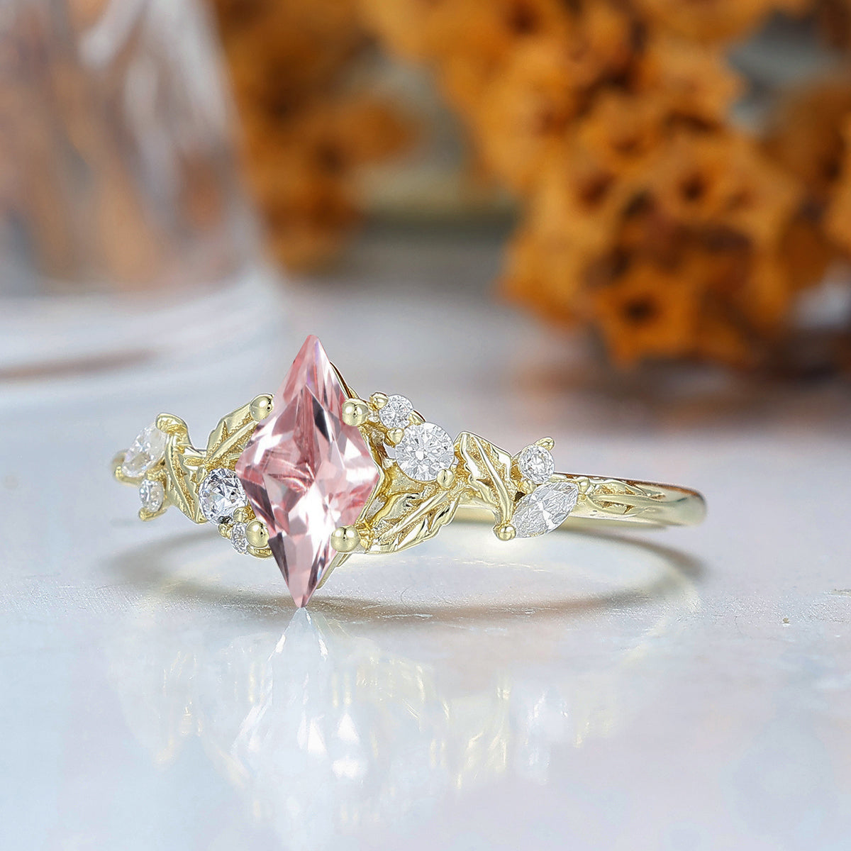 Artsy Pink Morganite Nature Inspired Engagement Ring Leaf Yellow Gold Her Ring Bridal Ring For Women Gift