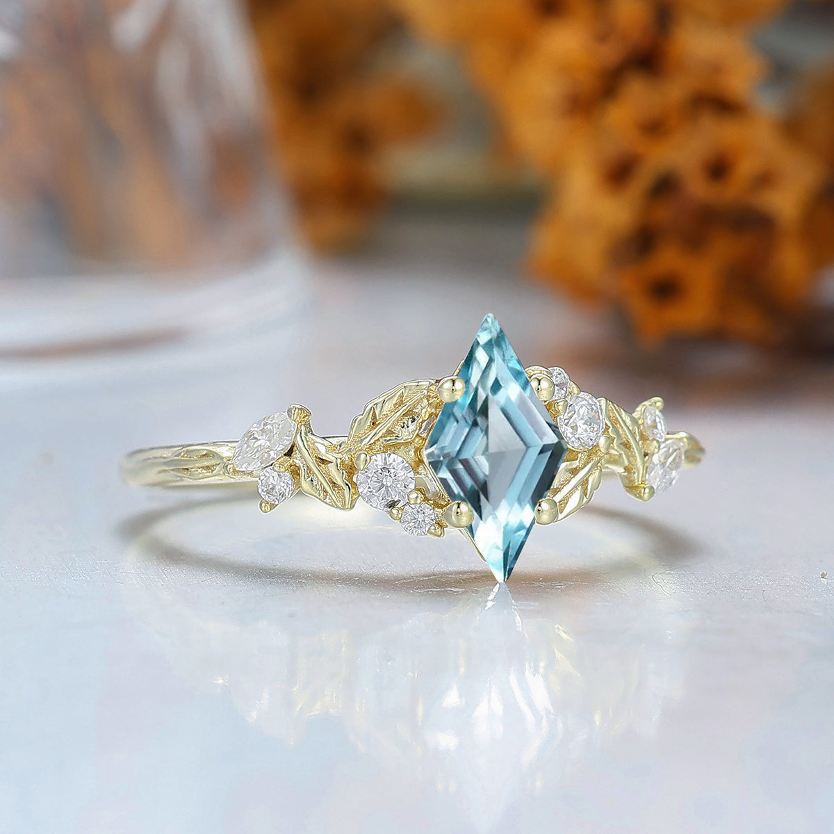 Leaf Design Aquamarine Engagement Ring Sprig Engraved Handmade 14K Gold Women Bridal Ring