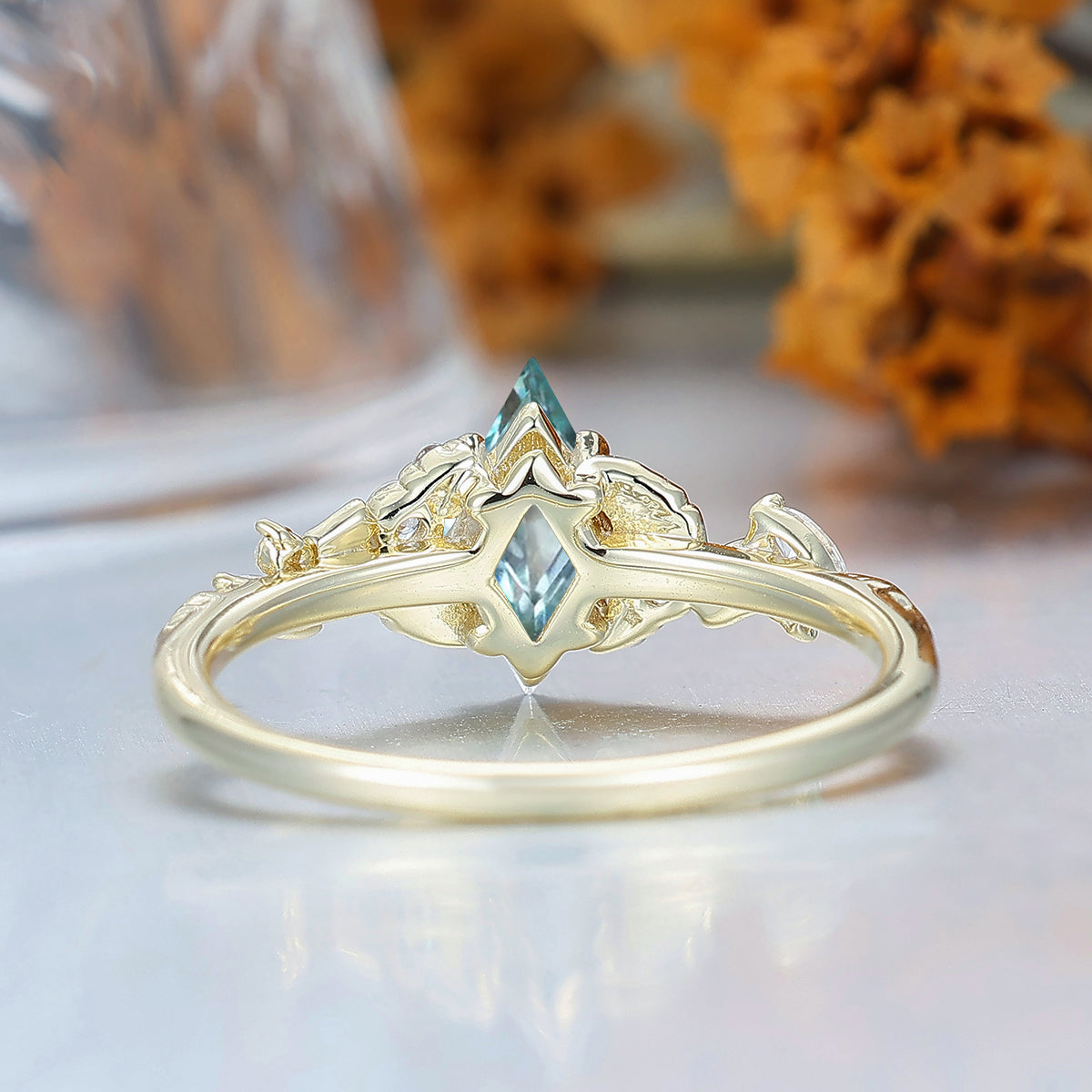 Leaf Design Aquamarine Engagement Ring Sprig Engraved Handmade 14K Gold Women Bridal Ring
