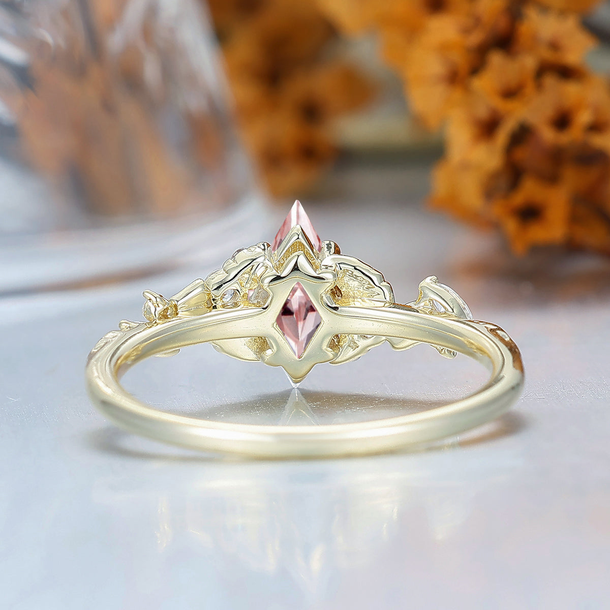 Artsy Pink Morganite Nature Inspired Engagement Ring Leaf Yellow Gold Her Ring Bridal Ring For Women Gift
