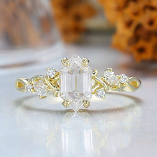 Long Hexagon Moissanite Crossed Band Women Fine Ring 14K Solid Gold Vine Bridal Ring