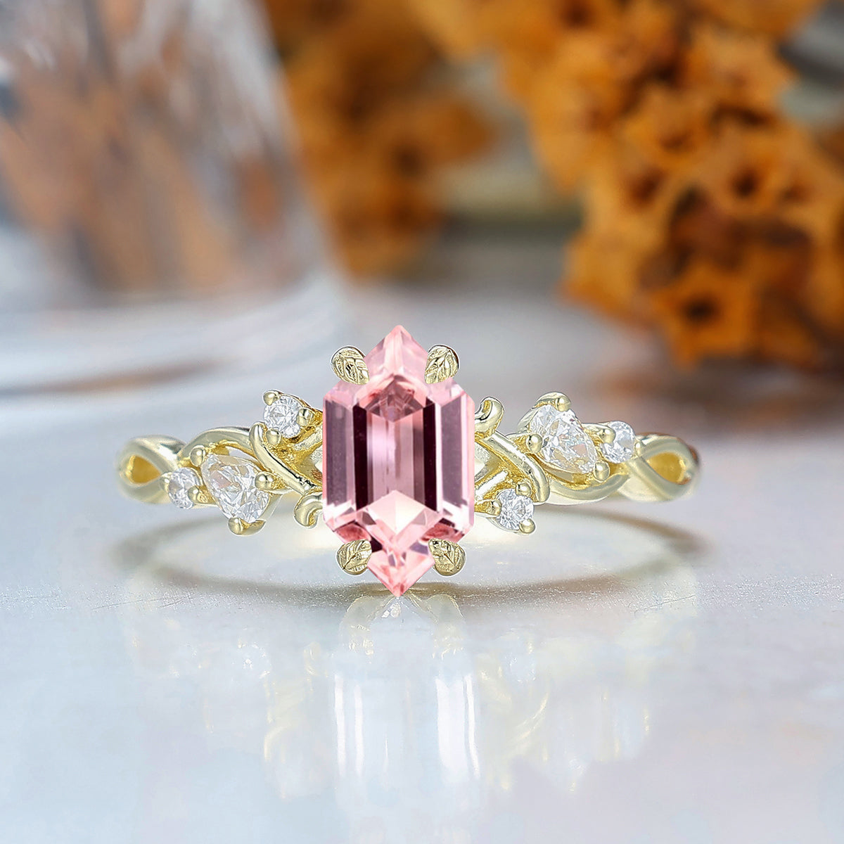 Leaf-inspired Long Hexagon Cut Pink Morganite Engagement Ring Branch Yellow Gold Bridal Ring