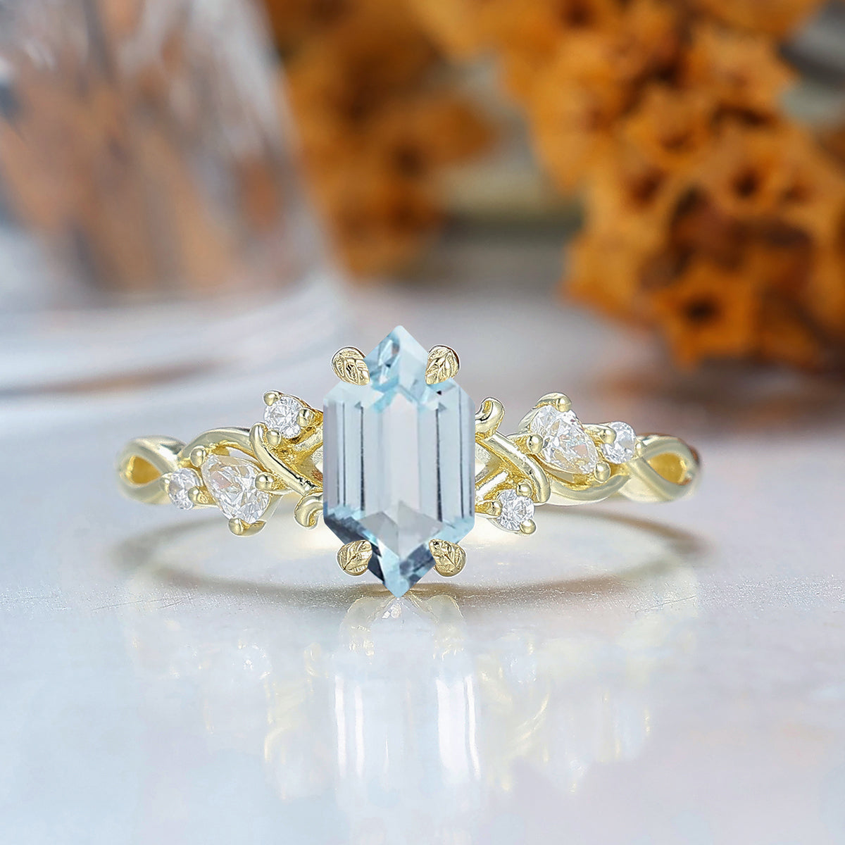 Nature Inspired Sky-blue Aquamarine Engagement Ring Yellow Gold Dainty Women Ring Gifts