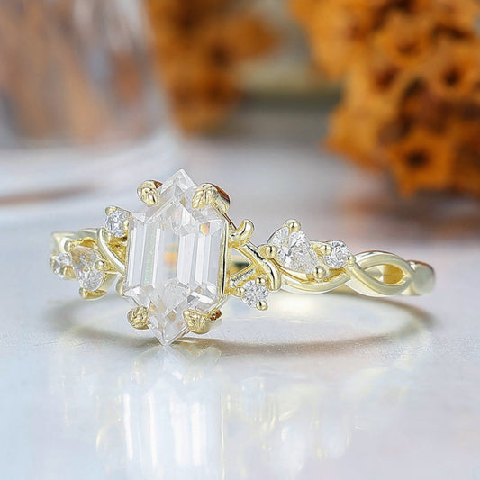 Long Hexagon Moissanite Crossed Band Women Fine Ring 14K Solid Gold Vine Bridal Ring
