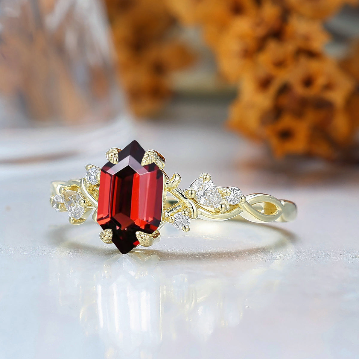 Long Hexagon Nature Red Garnet Crossed Band Women Fine Ring 14K Solid Gold Vine Bridal Ring