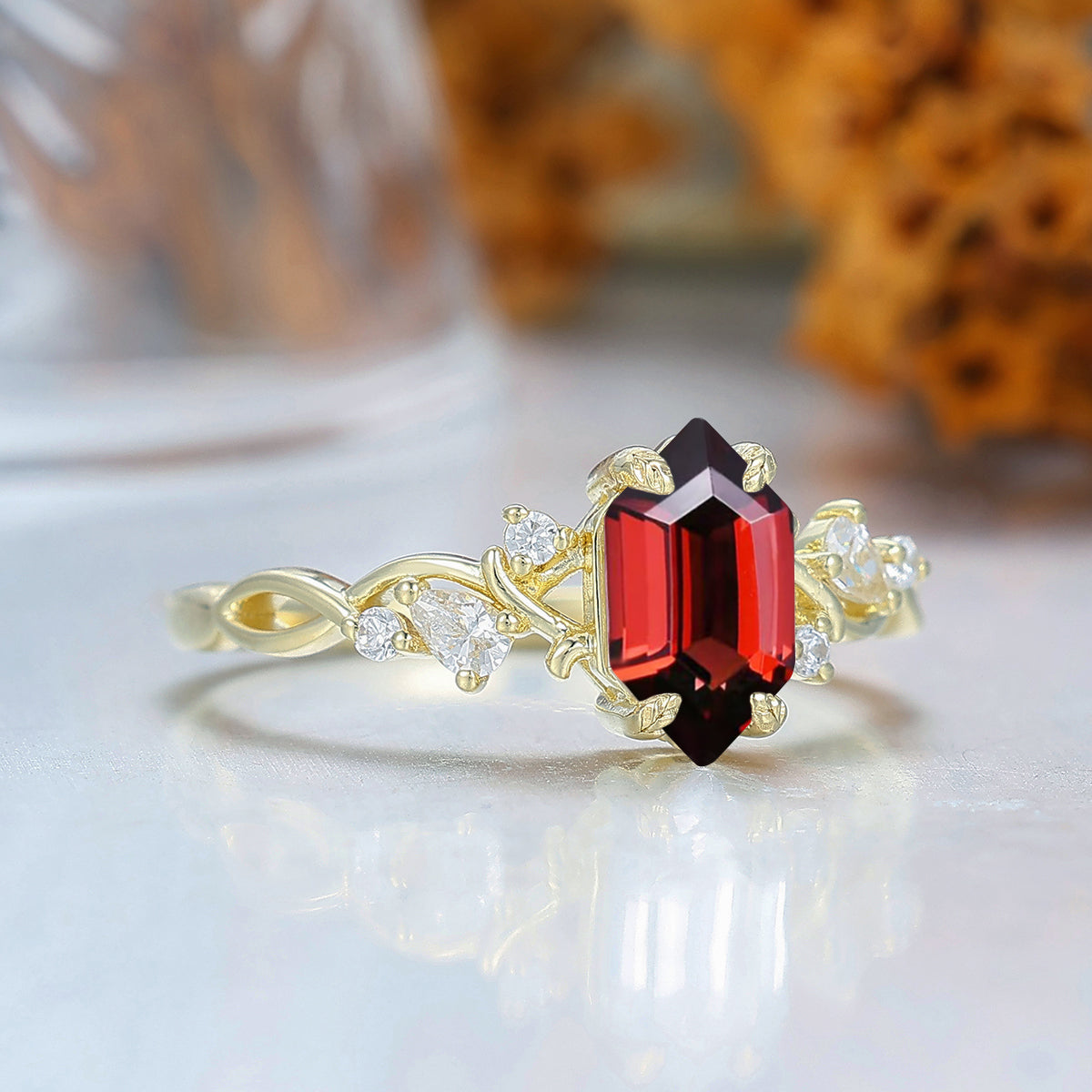 Long Hexagon Nature Red Garnet Crossed Band Women Fine Ring 14K Solid Gold Vine Bridal Ring