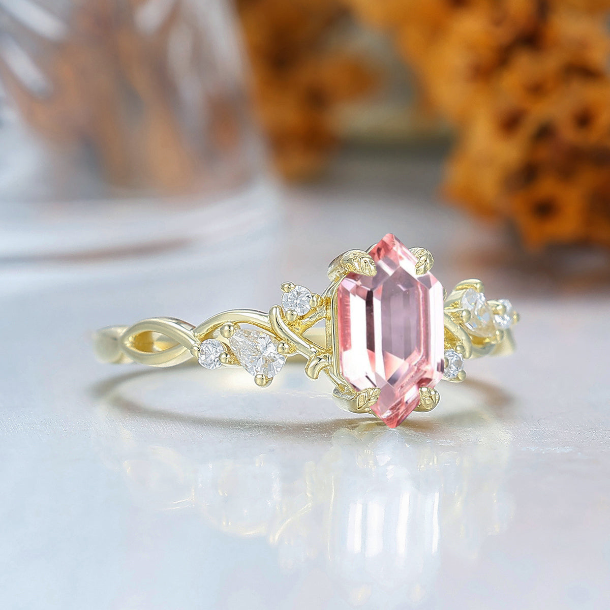 Leaf-inspired Long Hexagon Cut Pink Morganite Engagement Ring Branch Yellow Gold Bridal Ring