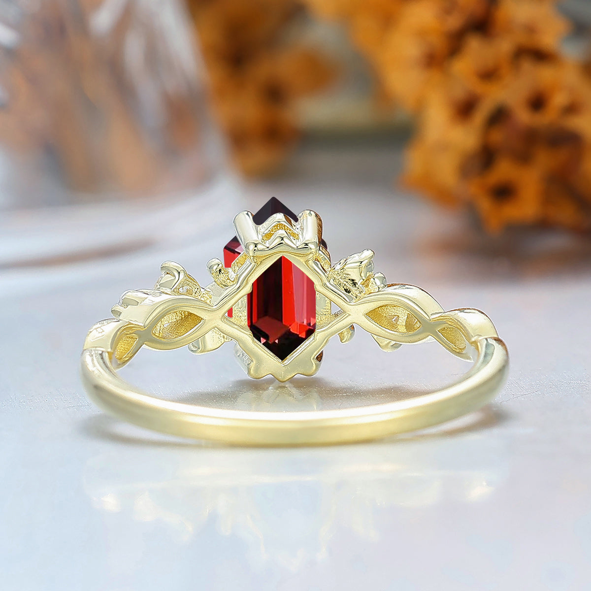 Long Hexagon Nature Red Garnet Crossed Band Women Fine Ring 14K Solid Gold Vine Bridal Ring