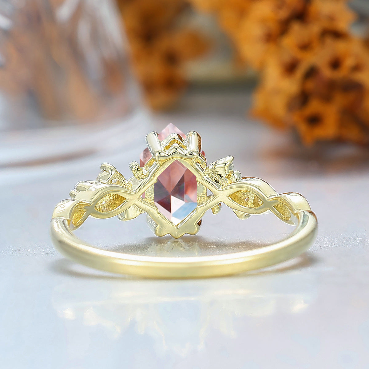 Leaf-inspired Long Hexagon Cut Pink Morganite Engagement Ring Branch Yellow Gold Bridal Ring