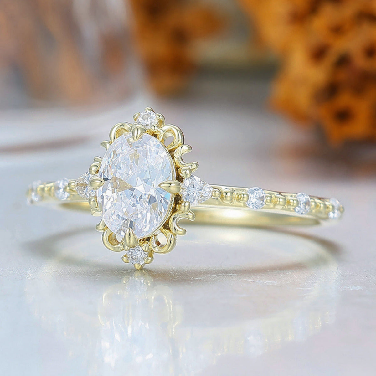Vintage Filigreed Oval Cut Moissanite Engagement Ring Unique Milgrained Handmade Bridal Ring