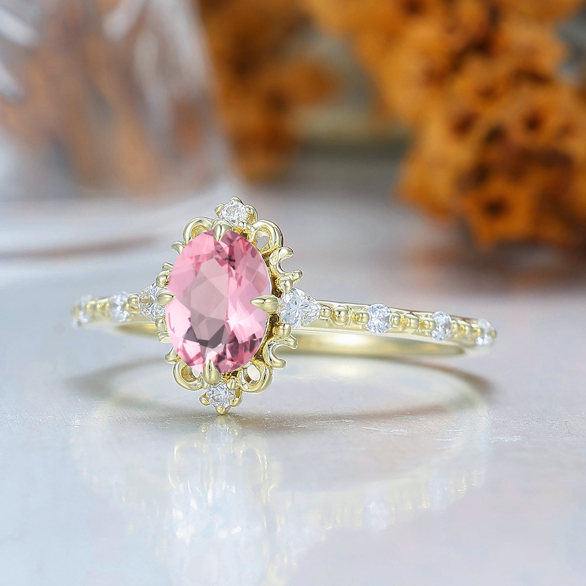 Filigreed Milgrained Pink Morganite Bridal Ring Yellow Gold Engagement Ring Women Fine Ring