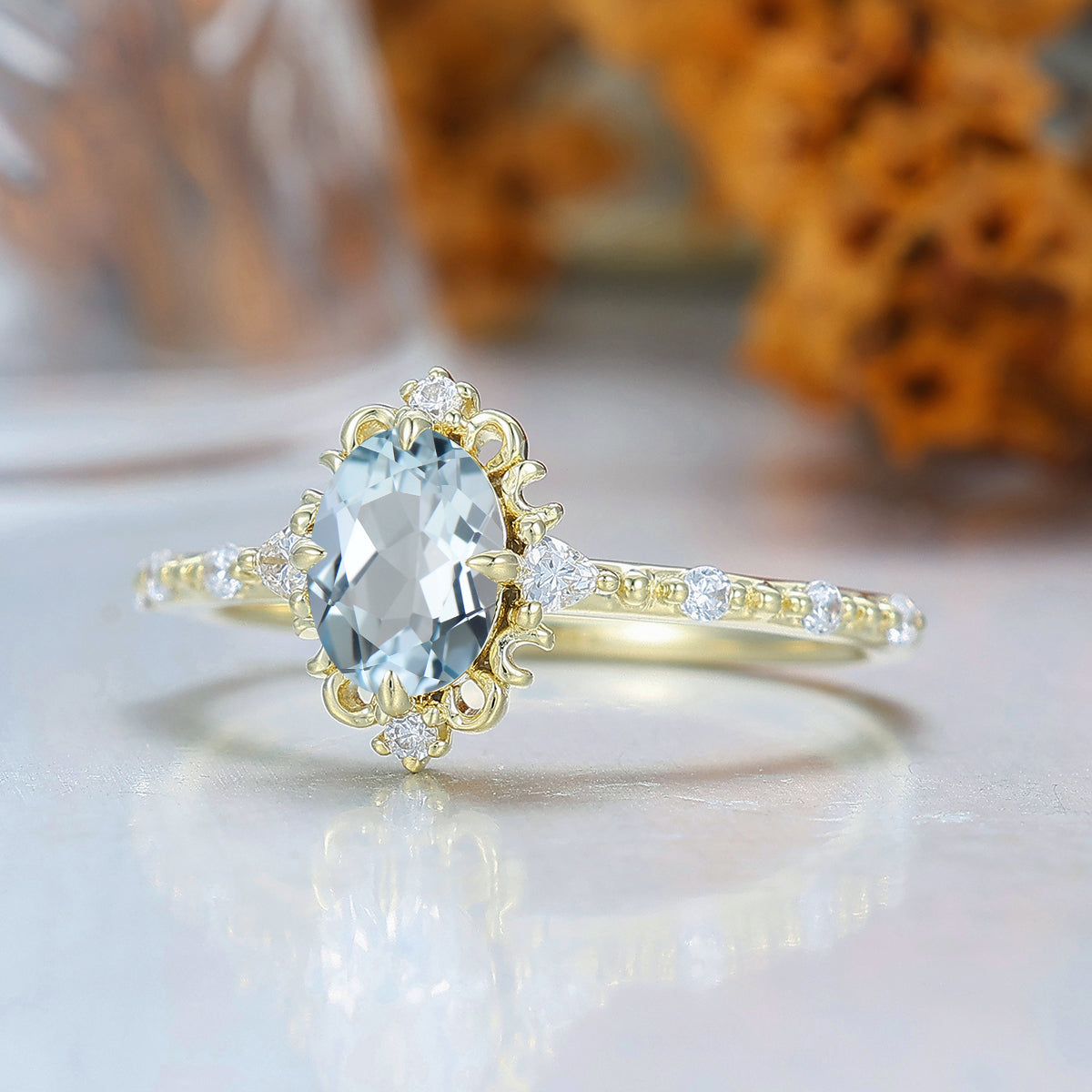 Baroque-inspired Oval Cut Aquamarine Engagement Ring Filigreed 14K Gold Women Ring For Her
