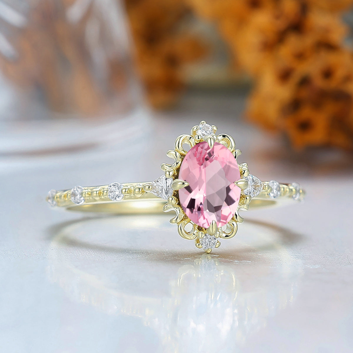 Filigreed Milgrained Pink Morganite Bridal Ring Yellow Gold Engagement Ring Women Fine Ring