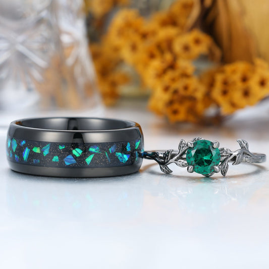 Gorgeous Emerald Leaf Design His And Hers Wedding Bands Personalized Black Plated Couples' Set