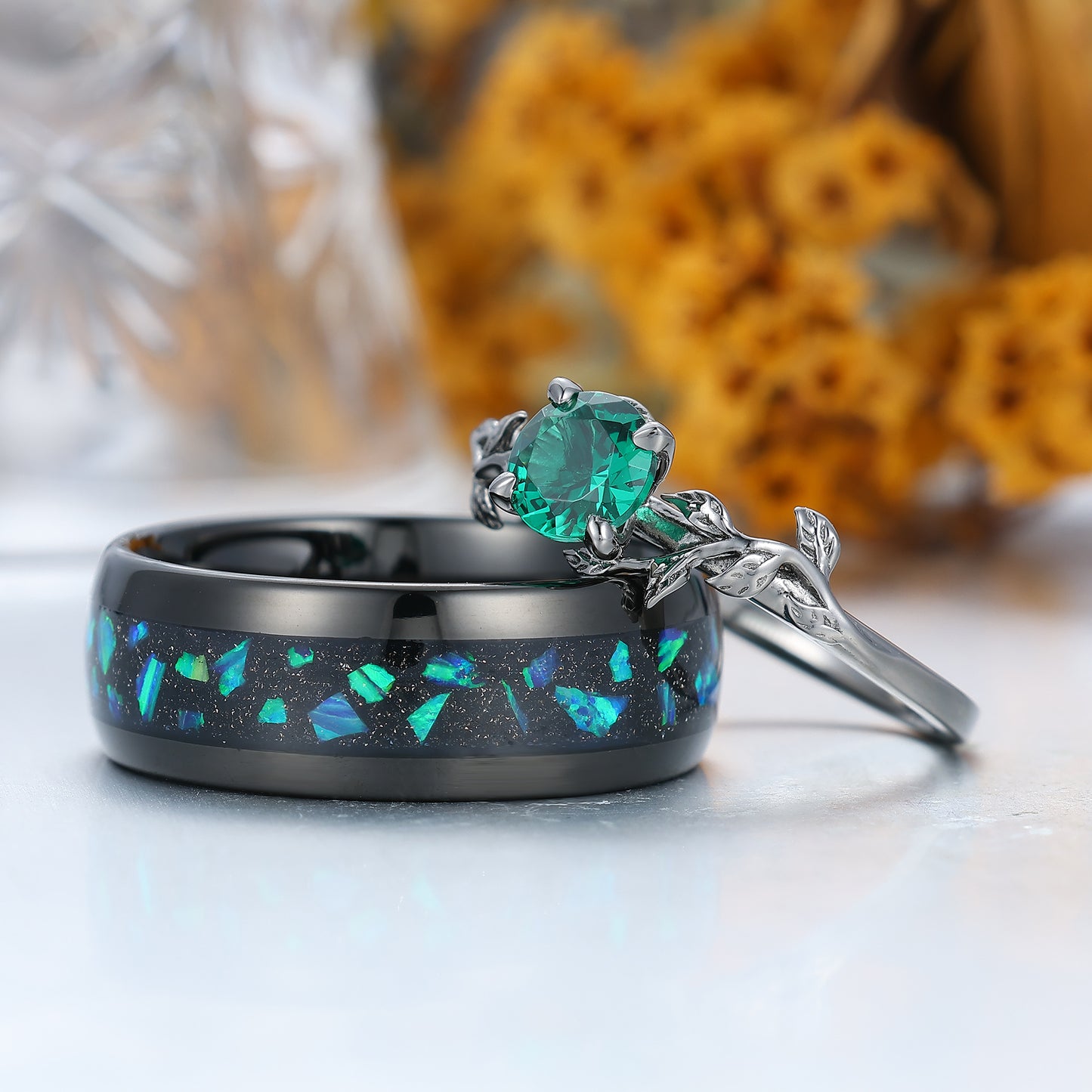 Gorgeous Emerald Leaf Design His And Hers Wedding Bands Personalized Black Plated Couples' Set