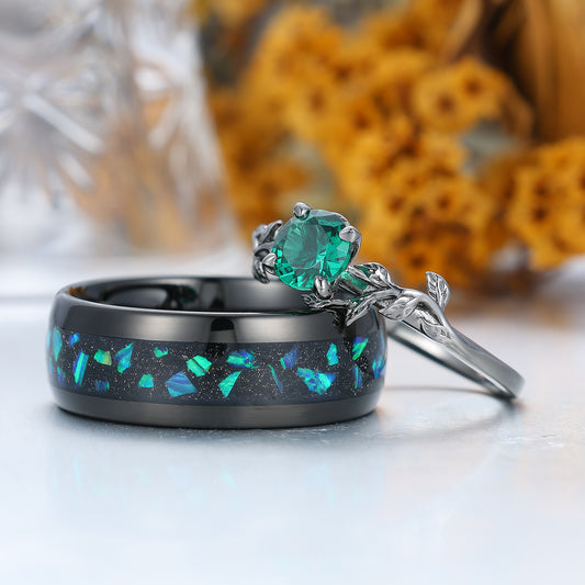 Gorgeous Emerald Leaf Design His And Hers Wedding Bands Personalized Black Plated Couples' Set
