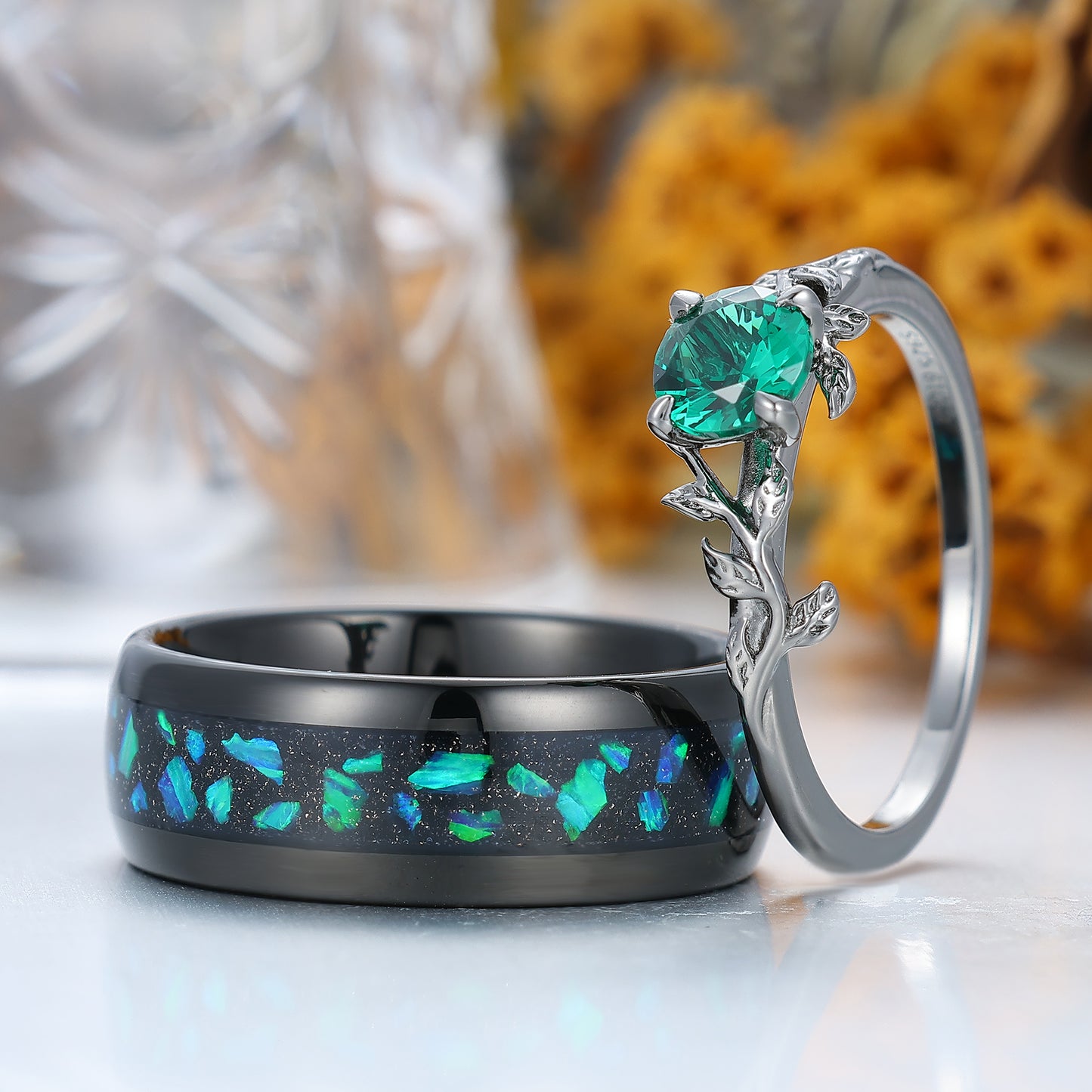 Gorgeous Emerald Leaf Design His And Hers Wedding Bands Personalized Black Plated Couples' Set