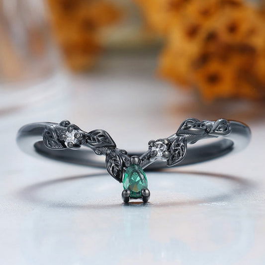 Delicate Leaf Vine Design Ring Curved Green Emerald Leaf Ring in Black Gold