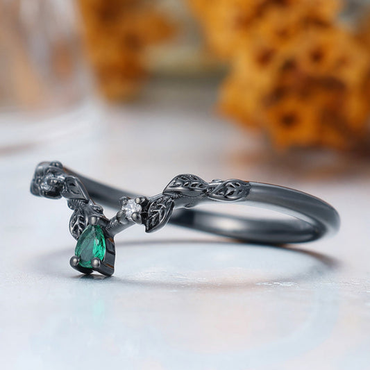 Delicate Leaf Vine Design Ring Curved Green Emerald Leaf Ring in Black Gold