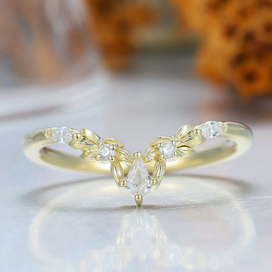 Twig Floral Shape Moissanite Curved Band Solid Gold Bridal Anniversary Ring Leaf Inspired Wedding Band